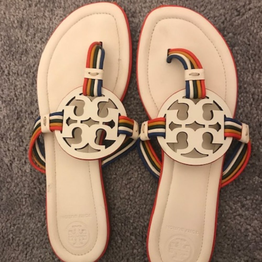 Tory Burch Mignon Miller Sandals in a size 7, White leather with rainbow straps.